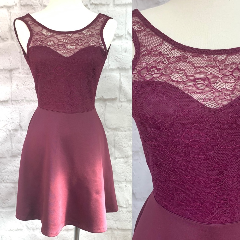 NWT Lace Wine Fit and Flare backless skater Dress